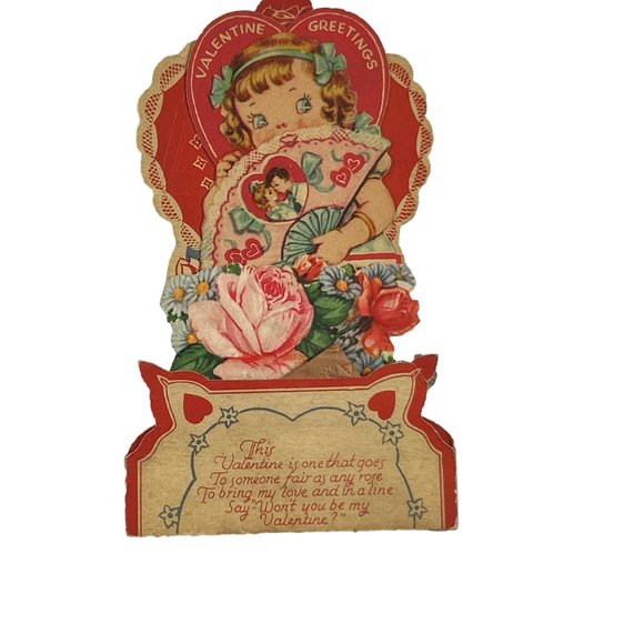 Vintage Pull Down Valentine Card Girl Fan Folding Flowers Roses USA Ephemera - Picture 2 of 13